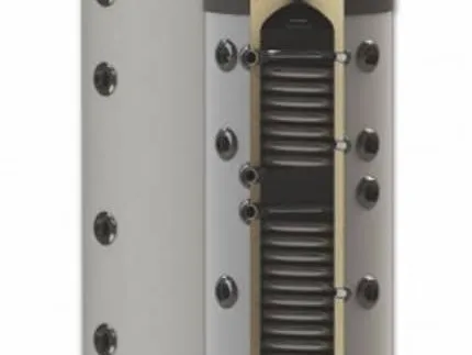 Compact buffervat van 150 liter met twee spiralen van SUNSYSTEM PS2. Ideaal voor kleine zonneboiler- of verwarmingssystemen. Compact buffervat van 150 liter met twee spiralen van SUNSYSTEM PS2. Ideaal voor kleine zonneboiler- of verwarmingssystemen.